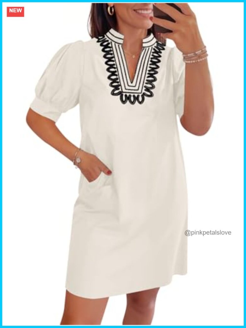 V Neck Shift Dress with Puff Short Sleeves and Pockets, Embroidered Boho Dress